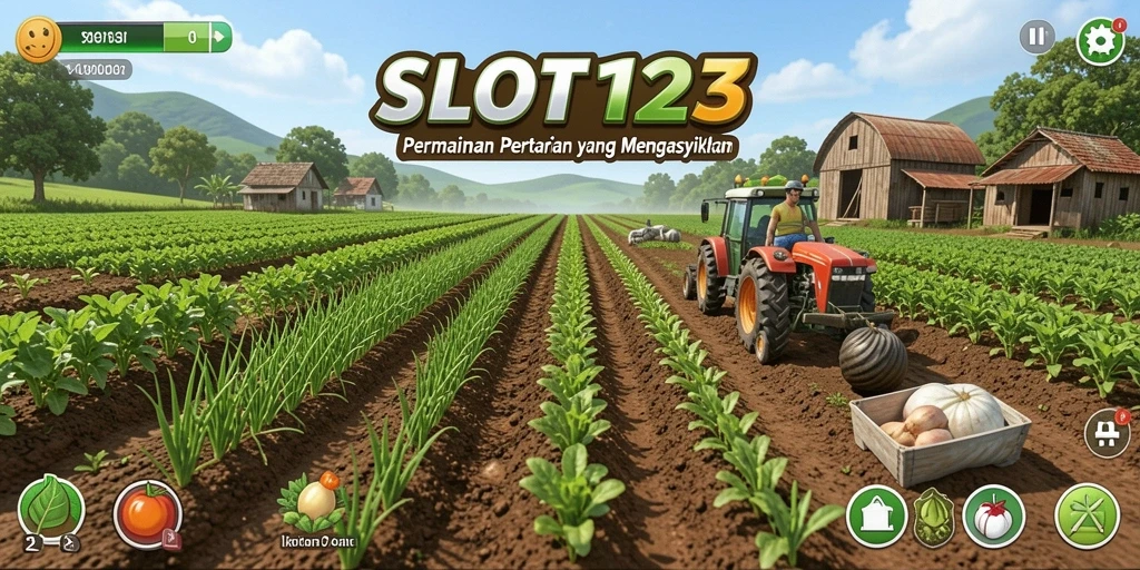 Screenshot gameplay SLOT123 yang menunjukkan aktivitas bertani yang seru.
