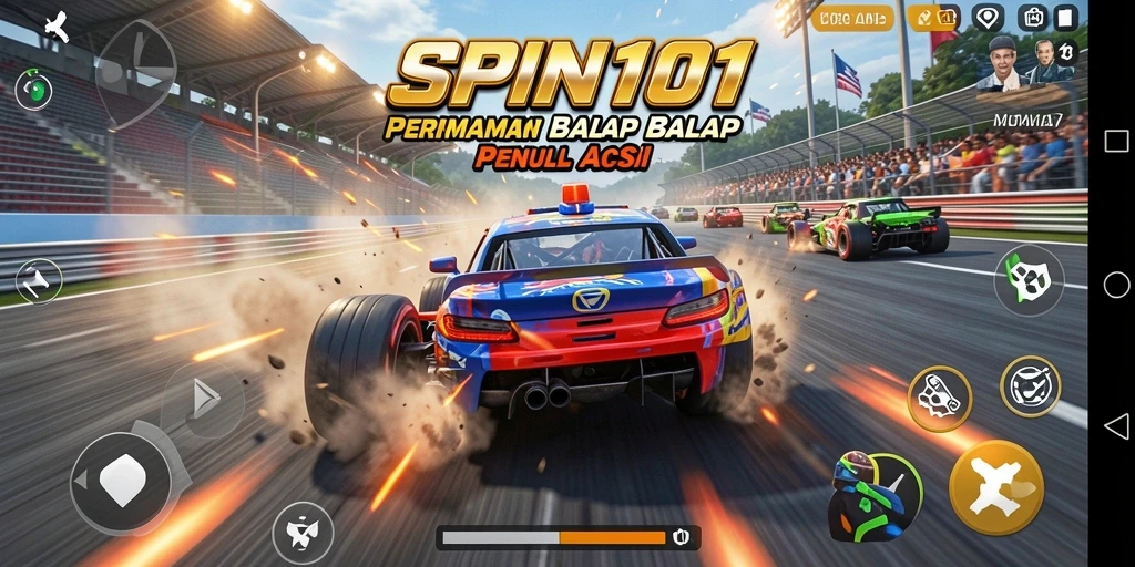 Tampilan permainan balap SPIN101 yang penuh aksi di lintasan.